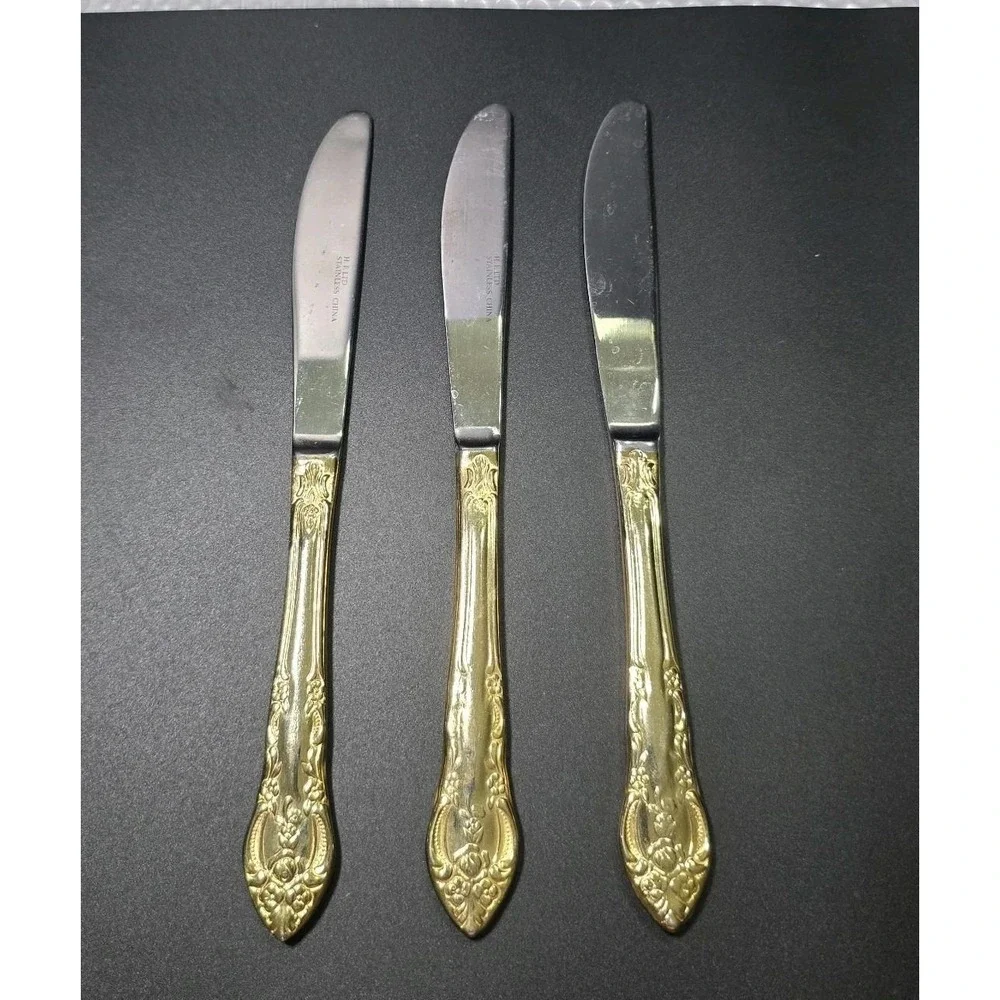 Vintage Hanford Forge LTD Gold Plated Stainless Steel Dinner Knives  Set Of 3